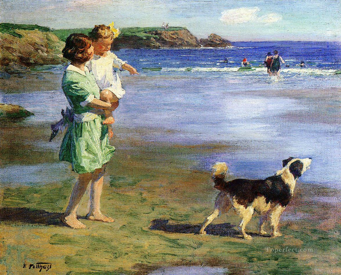 Edward Henry Potthast mère et fille avec chien au bord de la mer Peintures à l'huile
